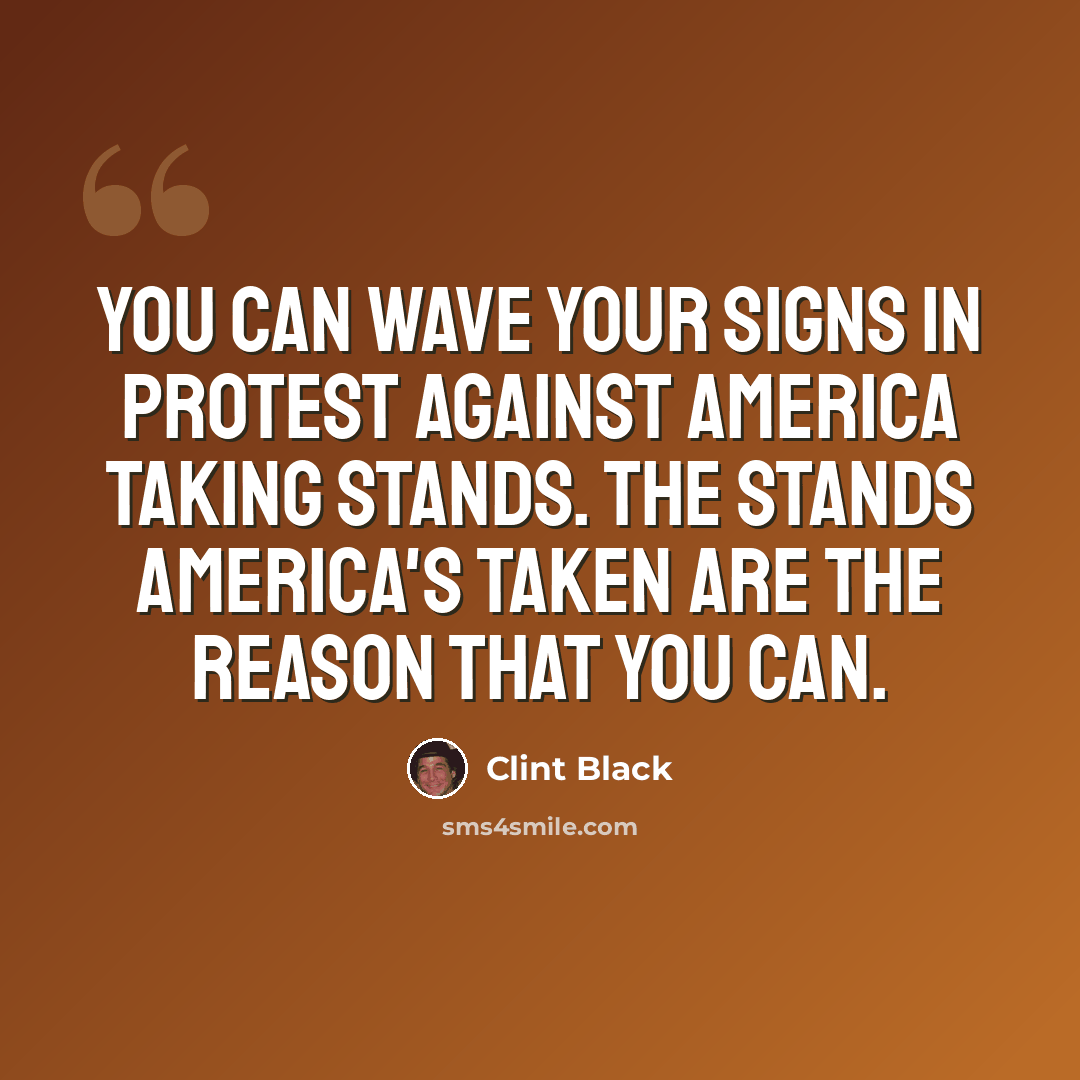 “You can wave your signs in protest against America taking stands. The stands America's taken are the reason that you can.” quote by Clint Black
