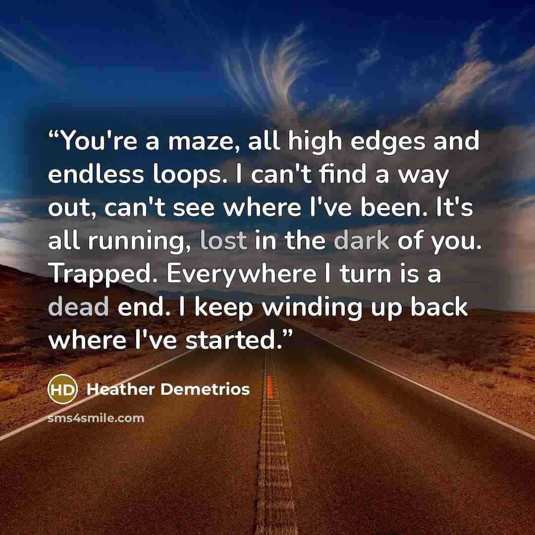 “You're a maze, all high edges and endless loops. I can't find a way out, can't see where I've been. It's all running, lost in the dark of you. Trapped. Everywhere I turn is a dead end. I keep winding up back where I've started.” quote by Heather Demetrios