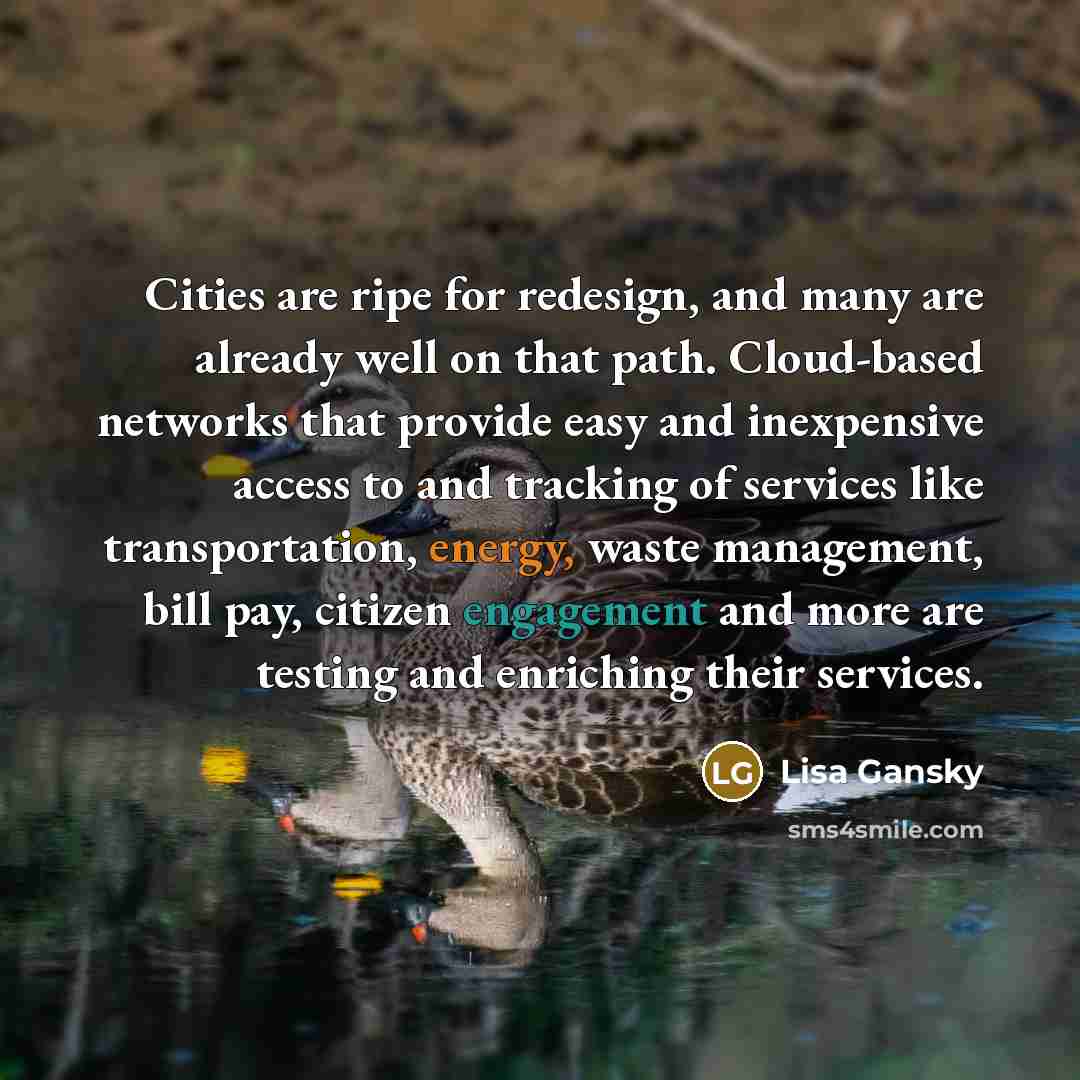 “Cities are ripe for redesign, and many are already well on that path. Cloud-based networks that provide easy and inexpensive access to and tracking of services like transportation, energy, waste management, bill pay, citizen engagement and more are testing and enriching their services.” quote by Lisa Gansky
