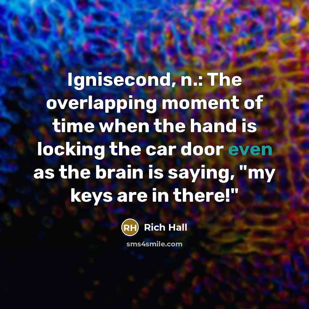 “Ignisecond, n.: The overlapping moment of time when the hand is locking the car door even as the brain is saying, "my keys are in there!"” quote by Rich Hall