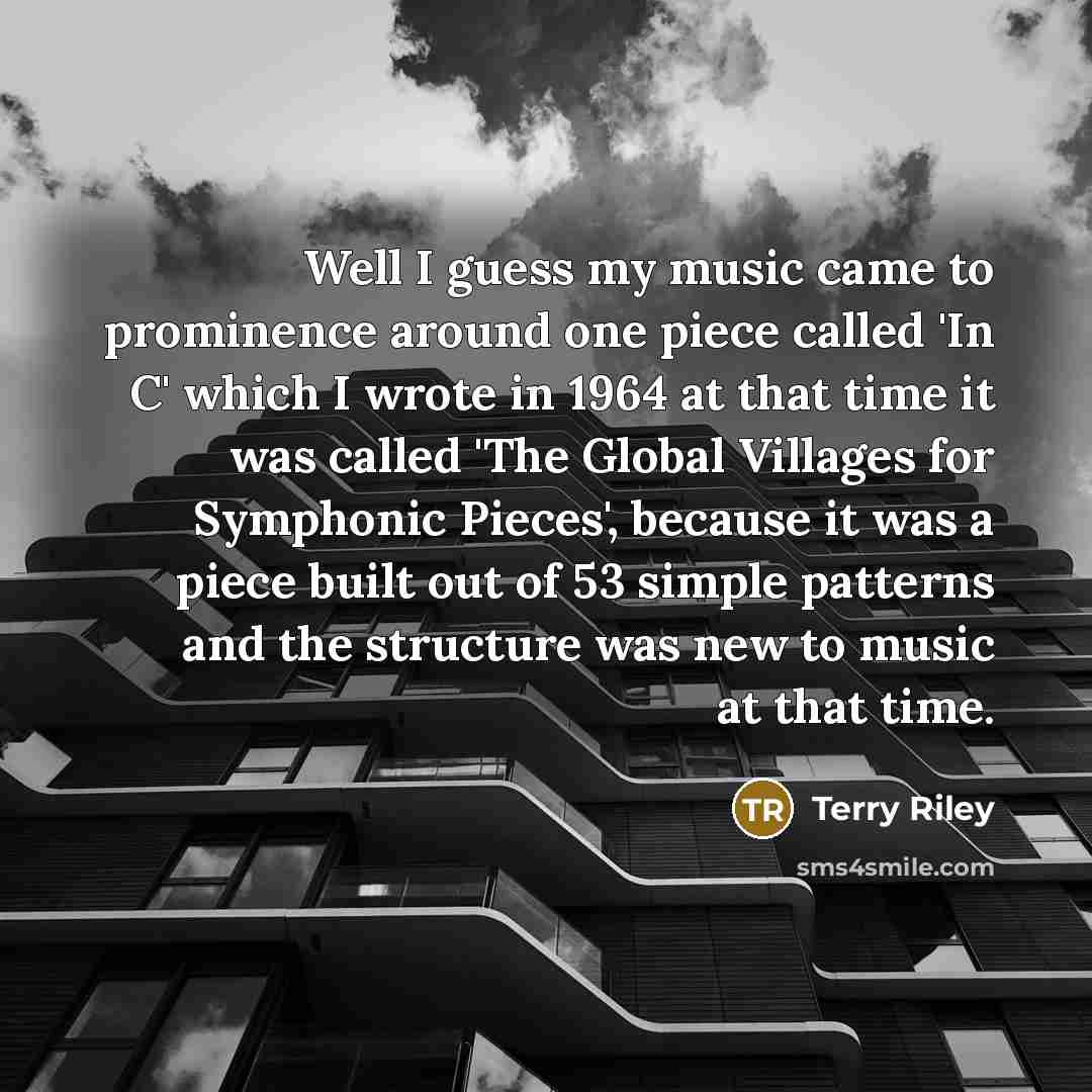 “Well I guess my music came to prominence around one piece called 'In C' which I wrote in 1964 at that time it was called 'The Global Villages for Symphonic Pieces', because it was a piece built out of 53 simple patterns and the structure was new to music at that time.” quote by Terry Riley