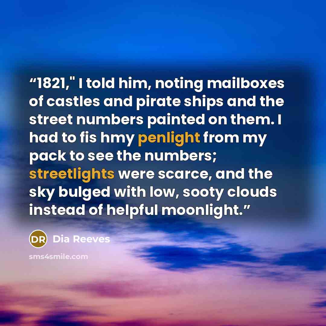 “1821," I told him, noting mailboxes of castles and pirate ships and the street numbers painted on them. I had to fis hmy penlight from my pack to see the numbers; streetlights were scarce, and the sky bulged with low, sooty clouds instead of helpful moonlight.” quote by Dia Reeves