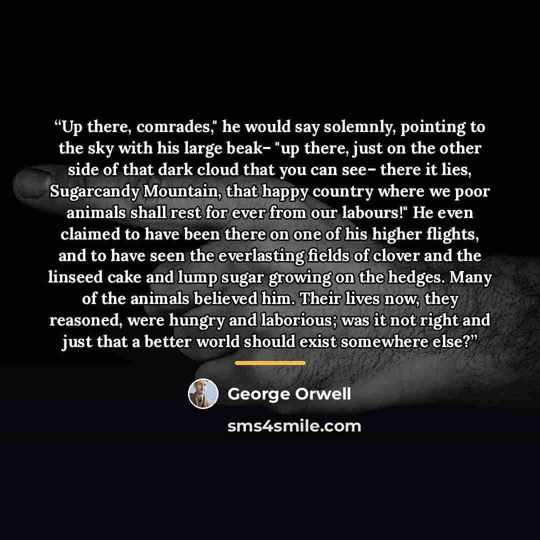 “Up there, comrades," he would say solemnly, pointing to the sky with his large beak– "up there, just on the other side of that dark cloud that you can see– there it lies, Sugarcandy Mountain, that happy country where we poor animals shall rest for ever from our labours!" He even claimed to have…” quote by George Orwell