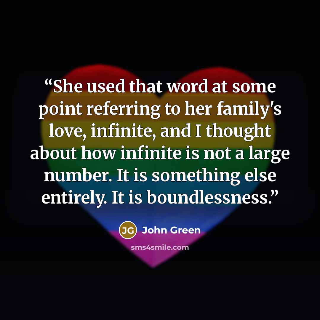 “She used that word at some point referring to her family's love, infinite, and I thought about how infinite is not a large number. It is something else entirely. It is boundlessness.” quote by John Green