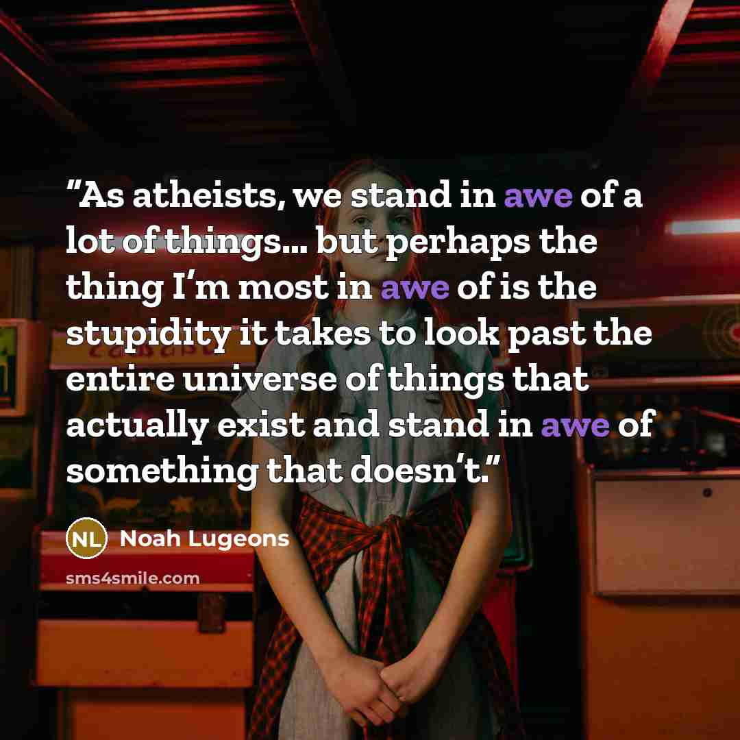 “As atheists, we stand in awe of a lot of things… but perhaps the thing I’m most in awe of is the stupidity it takes to look past the entire universe of things that actually exist and stand in awe of something that doesn’t.” quote by Noah Lugeons