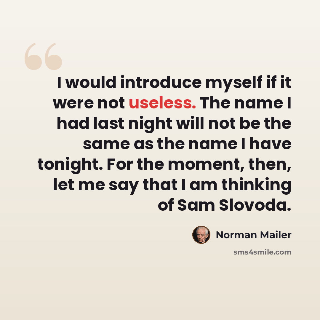 “I would introduce myself if it were not useless. The name I had last night will not be the same as the name I have tonight. For the moment, then, let me say that I am thinking of Sam Slovoda.” quote by Norman Mailer