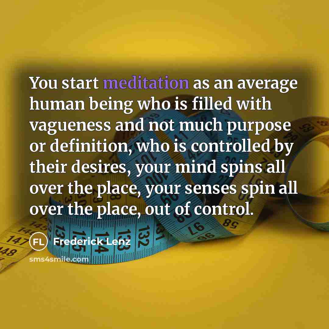 “You start meditation as an average human being who is filled with vagueness and not much purpose or definition, who is controlled by their desires, your mind spins all over the place, your senses spin all over the place, out of control.” quote by Frederick Lenz