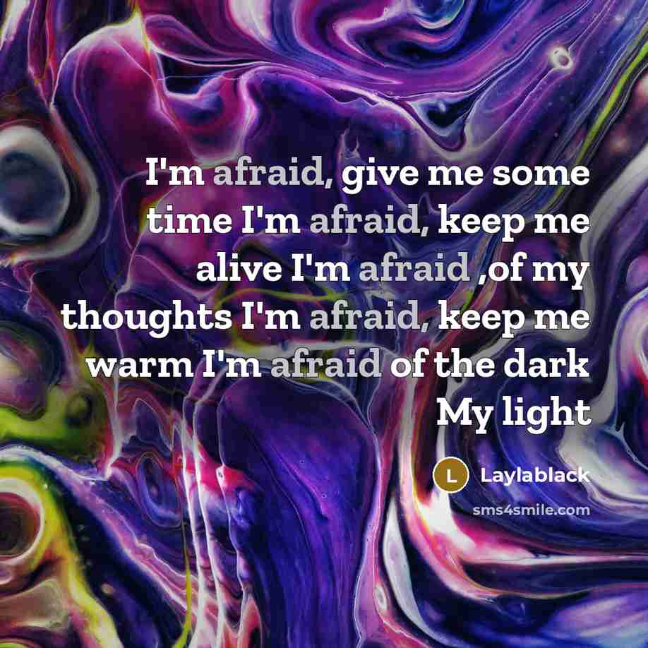 “I'm afraid, give me some time I'm afraid, keep me alive I'm afraid ,of my thoughts I'm afraid, keep me warm I'm afraid of the dark My light” quote by Laylablack