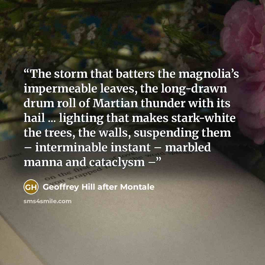 “The storm that batters the magnolia’s impermeable leaves, the long-drawn drum roll of Martian thunder with its hail ... lighting that makes stark-white the trees, the walls, suspending them – interminable instant – marbled manna and cataclysm –” quote by Geoffrey Hill after Montale