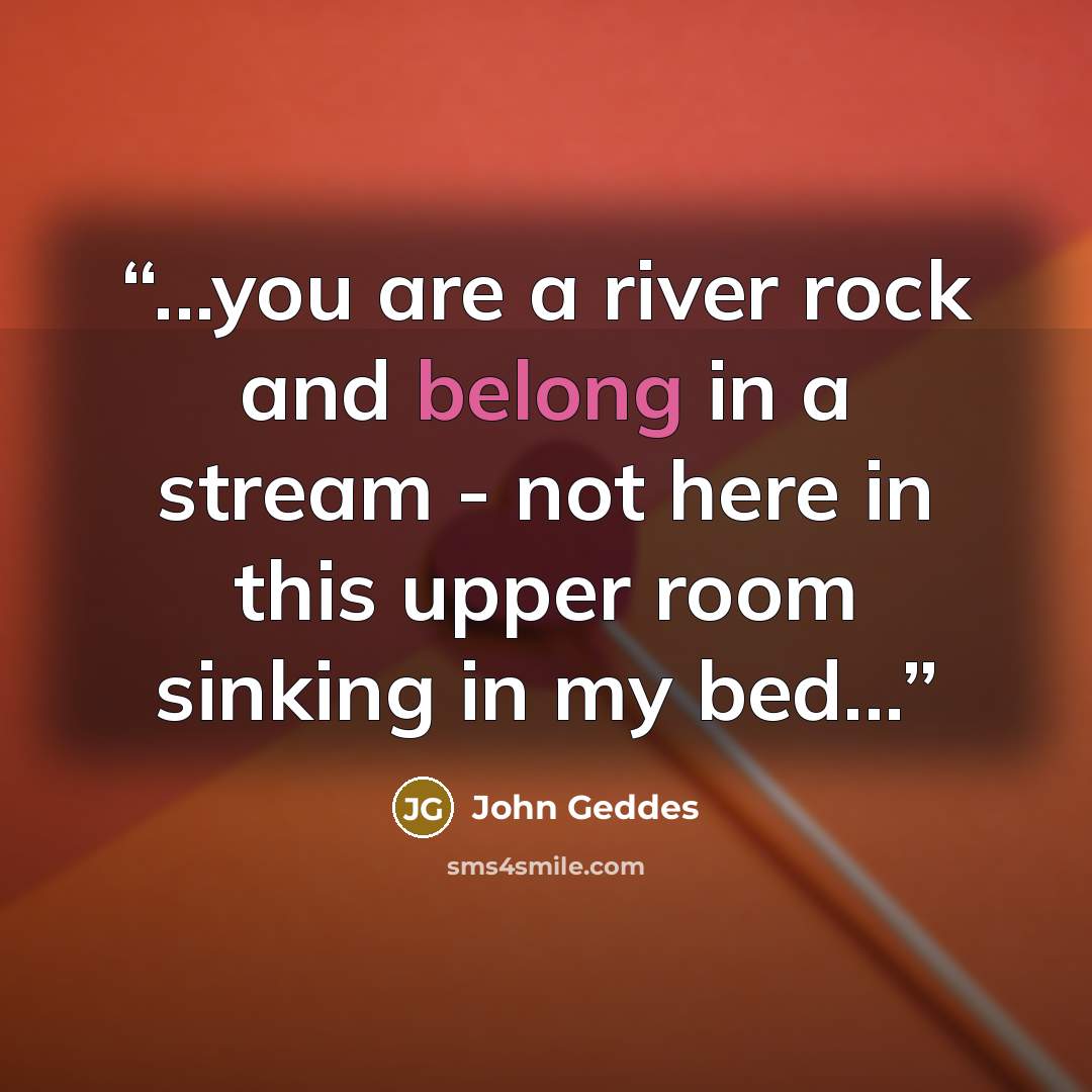 “...you are a river rock and belong in a stream - not here in this upper room sinking in my bed...” quote by John Geddes