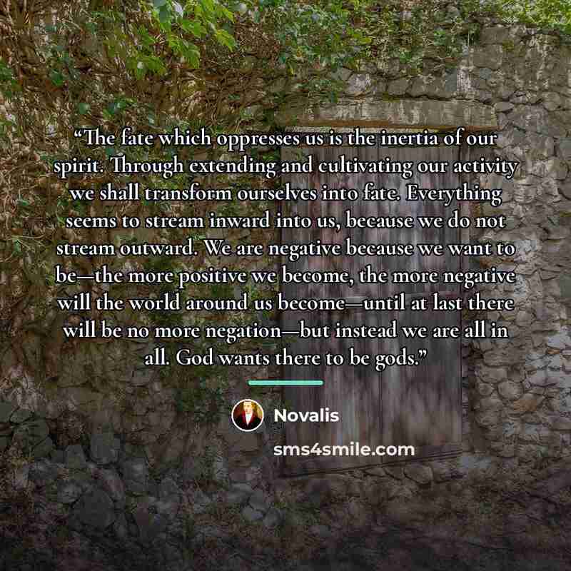“The fate which oppresses us is the inertia of our spirit. Through extending and cultivating our activity we shall transform ourselves into fate. Everything seems to stream inward into us, because we do not stream outward. We are negative because we want to be—the more positive we become, the more…” quote by Novalis