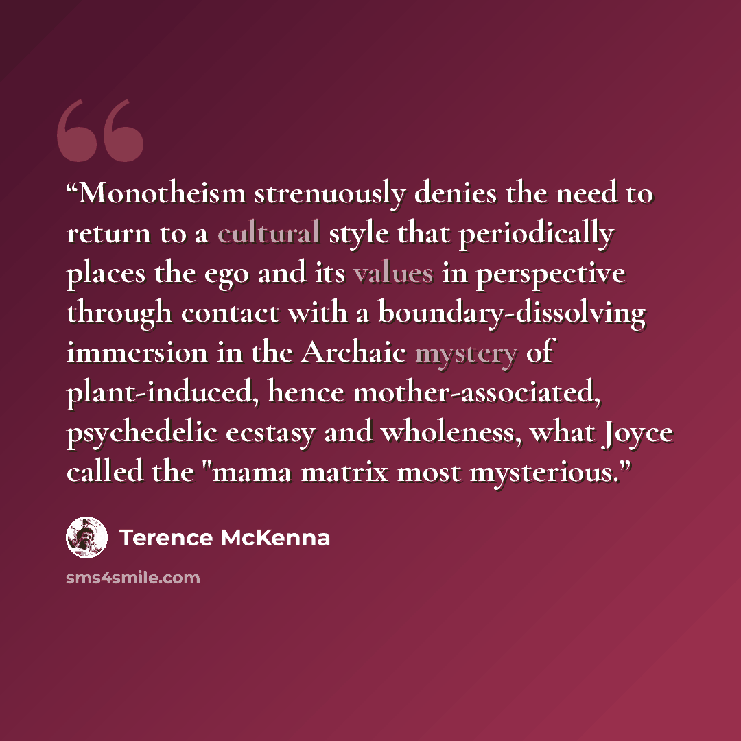 “Monotheism strenuously denies the need to return to a cultural style that periodically places the ego and its values in perspective through contact with a boundary-dissolving immersion in the Archaic mystery of plant-induced, hence mother-associated, psychedelic ecstasy and wholeness, what Joyce…” quote by Terence McKenna