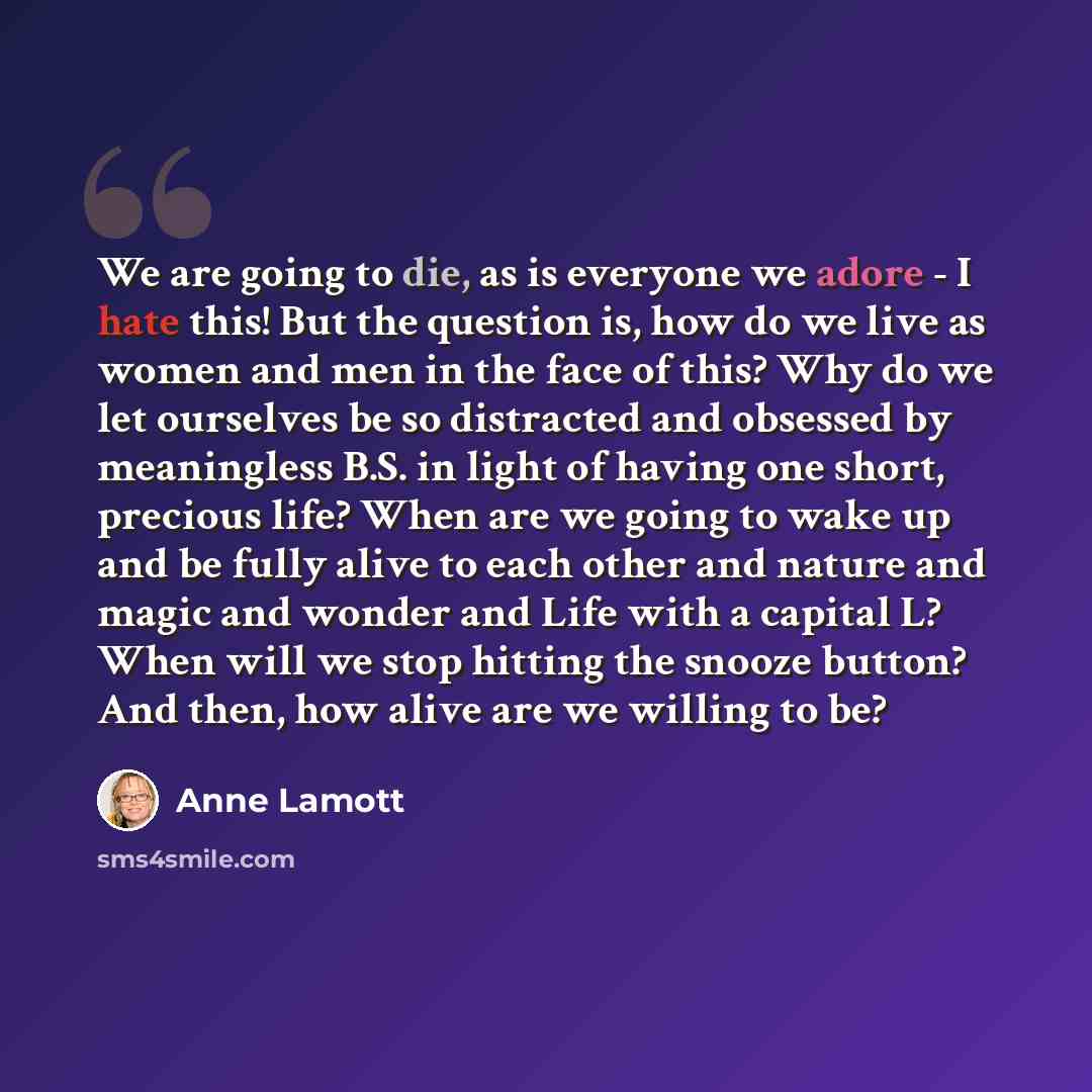 “We are going to die, as is everyone we adore - I hate this! But the question is, how do we live as women and men in the face of this? Why do we let ourselves be so distracted and obsessed by meaningless B.S. in light of having one short, precious life? When are we going to wake up and be fully…” quote by Anne Lamott