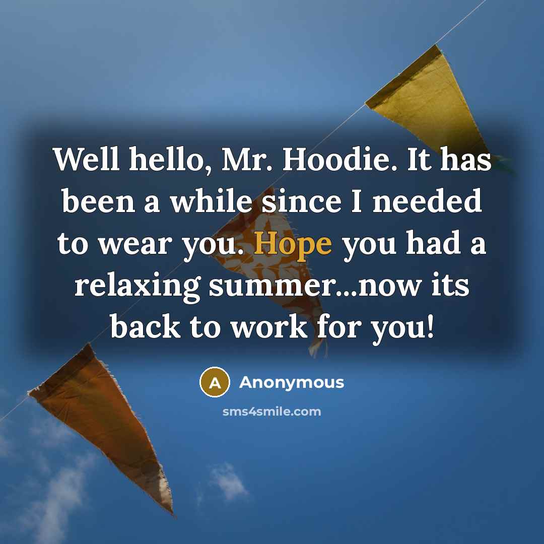 “Well hello, Mr. Hoodie. It has been a while since I needed to wear you. Hope you had a relaxing summer...now its back to work for you!” quote by Anonymous