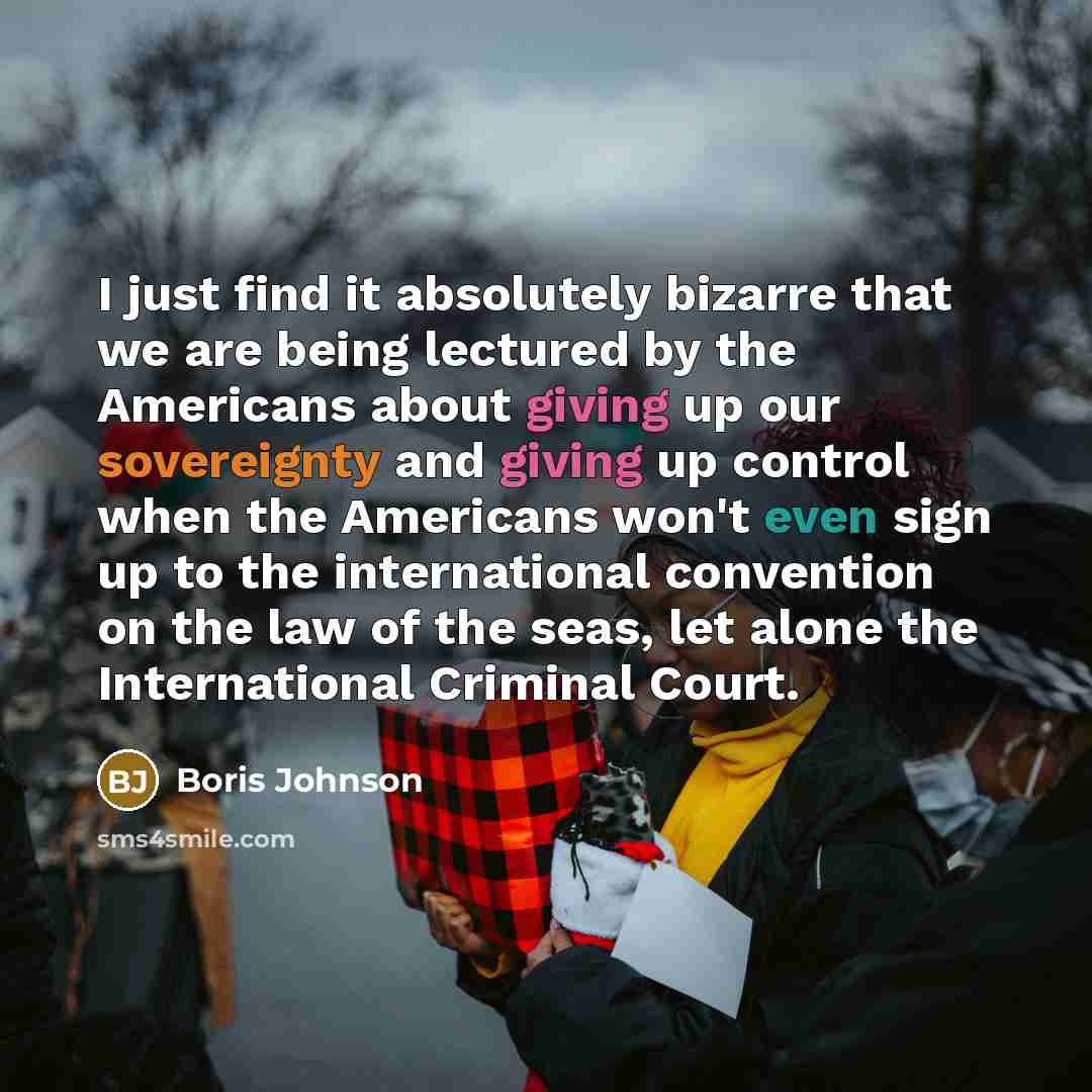 “I just find it absolutely bizarre that we are being lectured by the Americans about giving up our sovereignty and giving up control when the Americans won't even sign up to the international convention on the law of the seas, let alone the International Criminal Court.” quote by Boris Johnson
