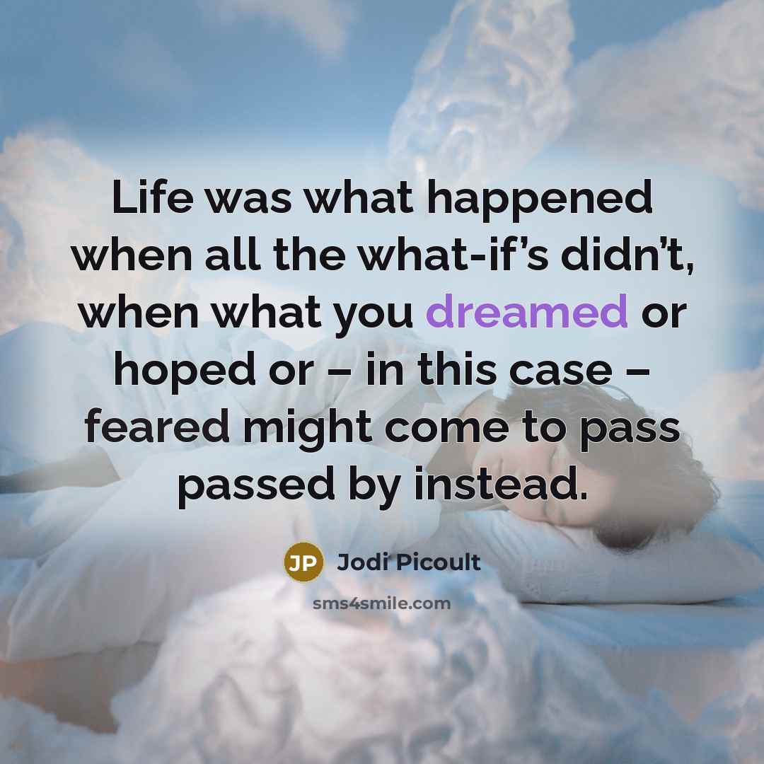 “Life was what happened when all the what-if’s didn’t, when what you dreamed or hoped or – in this case – feared might come to pass passed by instead.” quote by Jodi Picoult