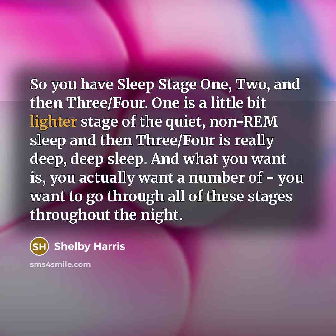 “So you have Sleep Stage One, Two, and then Three/Four. One is a little bit lighter stage of the quiet, non-REM sleep and then Three/Four is really deep, deep sleep. And what you want is, you actually want a number of - you want to go through all of these stages throughout the night.” quote by Shelby Harris
