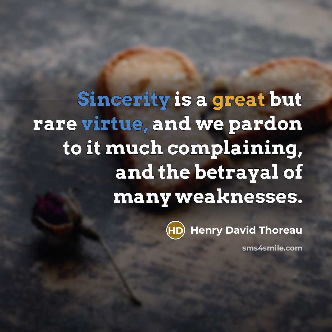 “Sincerity is a great but rare virtue, and we pardon to it much complaining, and the betrayal of many weaknesses.” quote by Henry David Thoreau