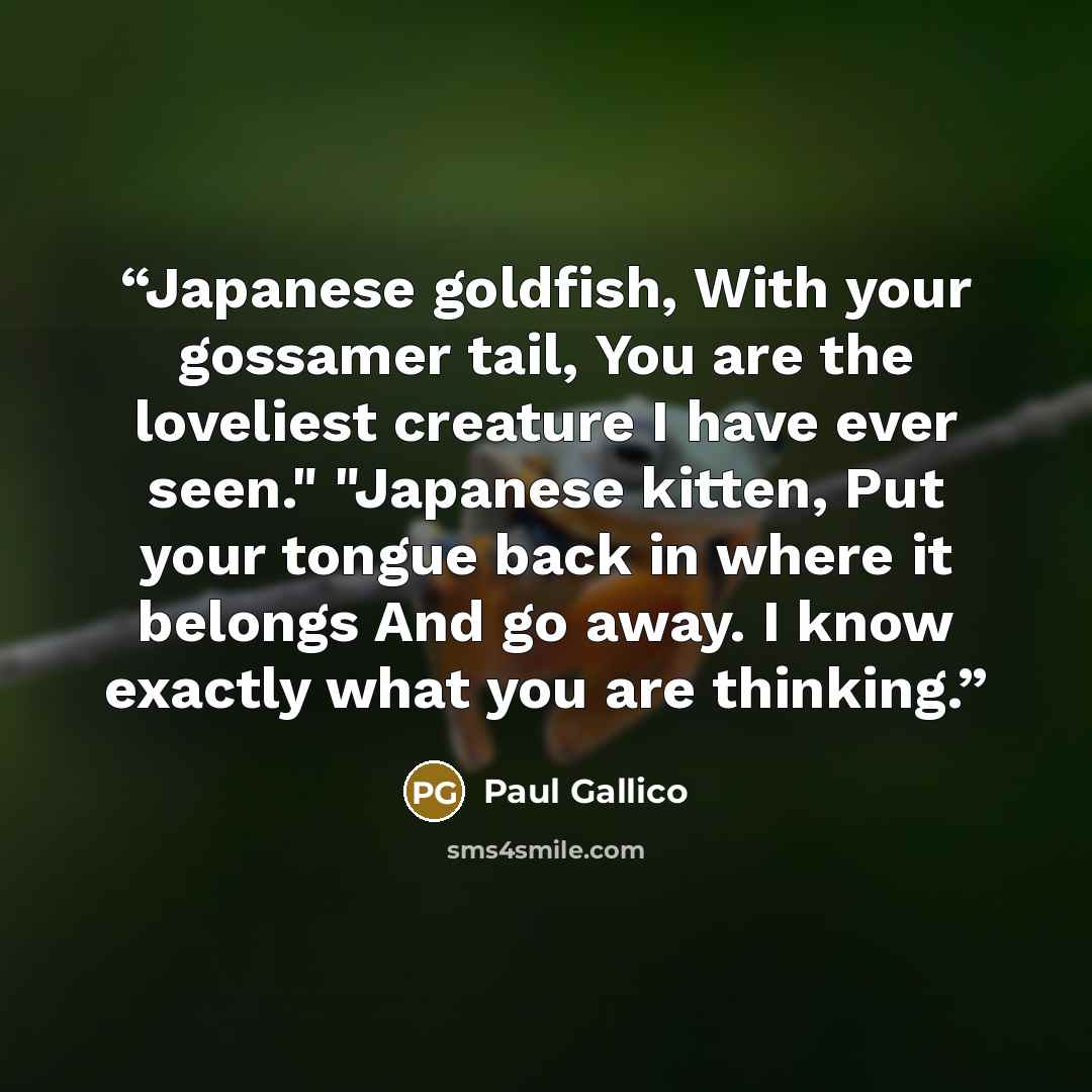 “Japanese goldfish, With your gossamer tail, You are the loveliest creature I have ever seen." "Japanese kitten, Put your tongue back in where it belongs And go away. I know exactly what you are thinking.” quote by Paul Gallico