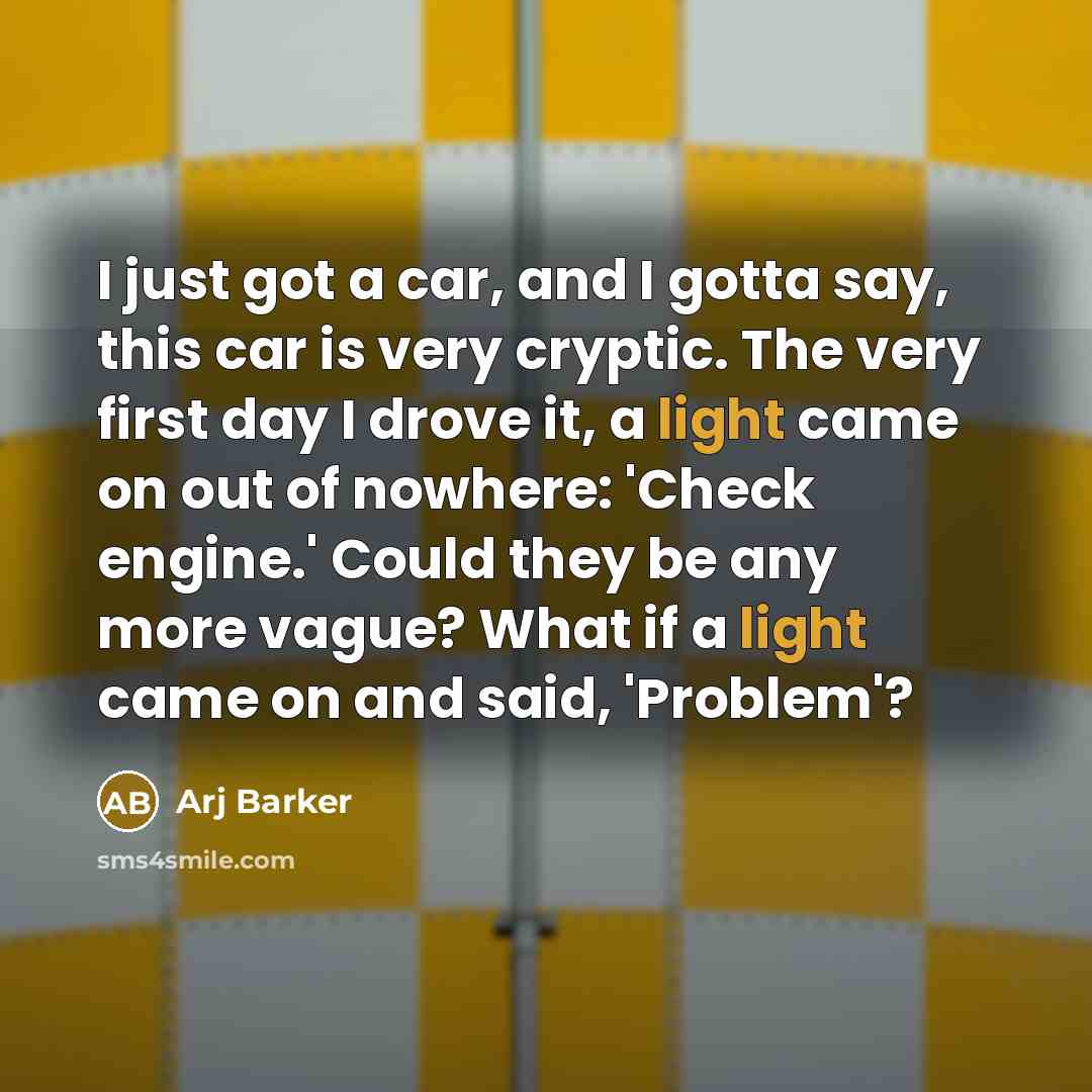 “I just got a car, and I gotta say, this car is very cryptic. The very first day I drove it, a light came on out of nowhere: 'Check engine.' Could they be any more vague? What if a light came on and said, 'Problem'?” quote by Arj Barker