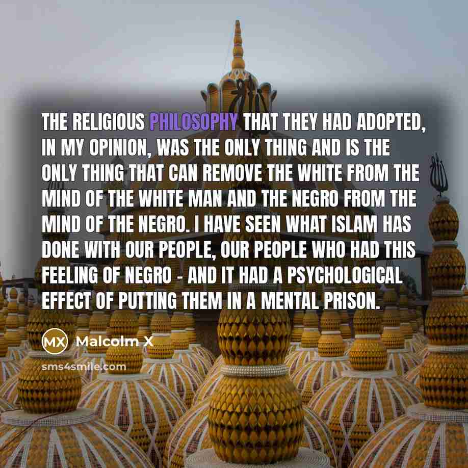 “The religious philosophy that they had adopted, in my opinion, was the only thing and is the only thing that can remove the white from the mind of the white man and the negro from the mind of the negro. I have seen what Islam has done with our people, our people who had this feeling of negro - and…” quote by Malcolm X