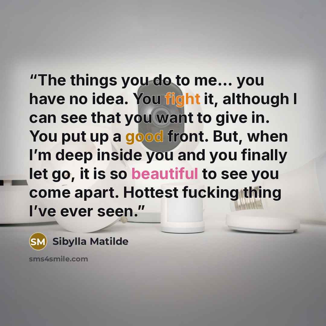 “The things you do to me… you have no idea. You fight it, although I can see that you want to give in. You put up a good front. But, when I’m deep inside you and you finally let go, it is so beautiful to see you come apart. Hottest fucking thing I’ve ever seen.” quote by Sibylla Matilde