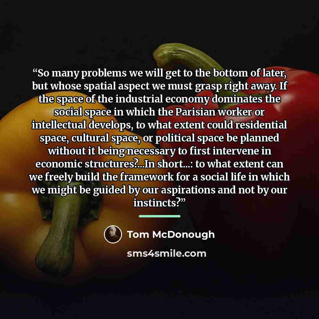 “So many problems we will get to the bottom of later, but whose spatial aspect we must grasp right away. If the space of the industrial economy dominates the social space in which the Parisian worker or intellectual develops, to what extent could residential space, cultural space, or political…” quote by Tom McDonough