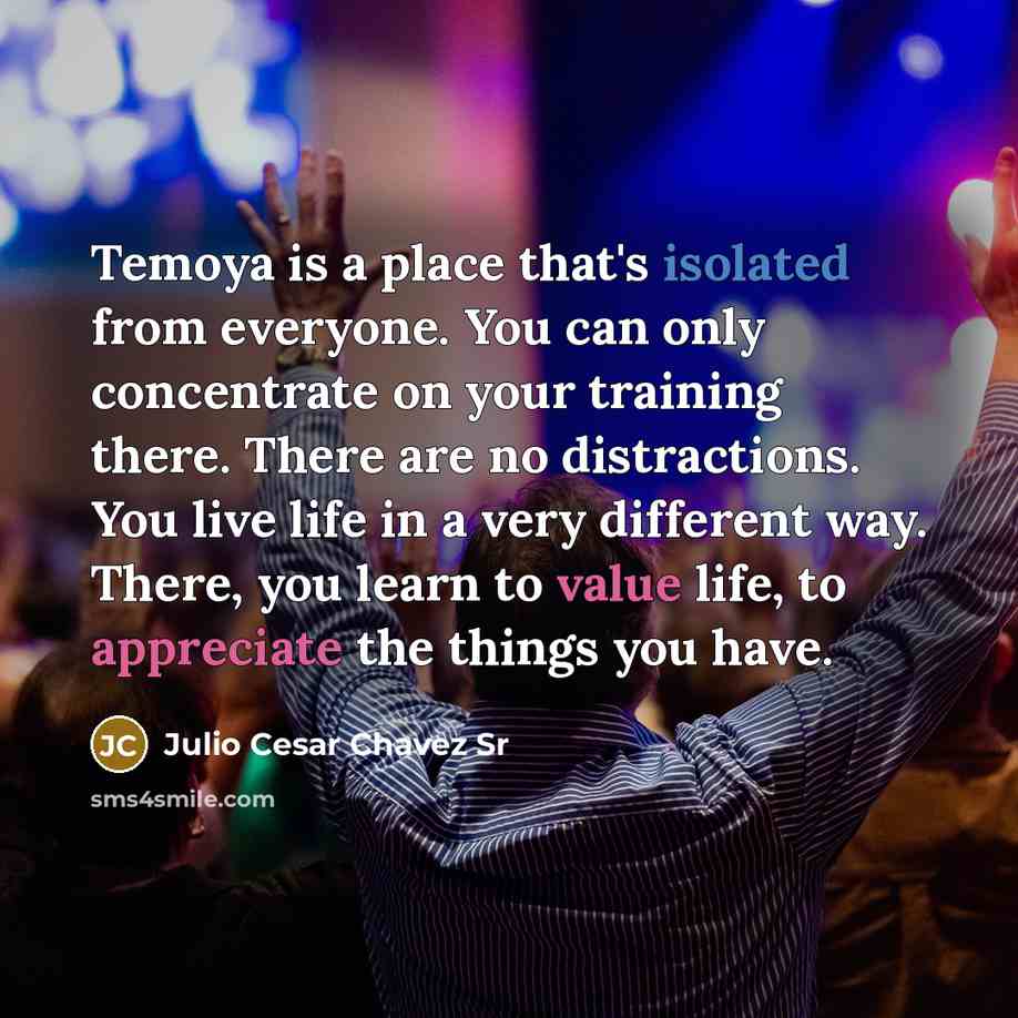 “Temoya is a place that's isolated from everyone. You can only concentrate on your training there. There are no distractions. You live life in a very different way. There, you learn to value life, to appreciate the things you have.” quote by Julio Cesar Chavez Sr