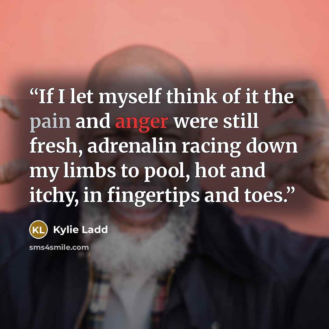 “If I let myself think of it the pain and anger were still fresh, adrenalin racing down my limbs to pool, hot and itchy, in fingertips and toes.” quote by Kylie Ladd