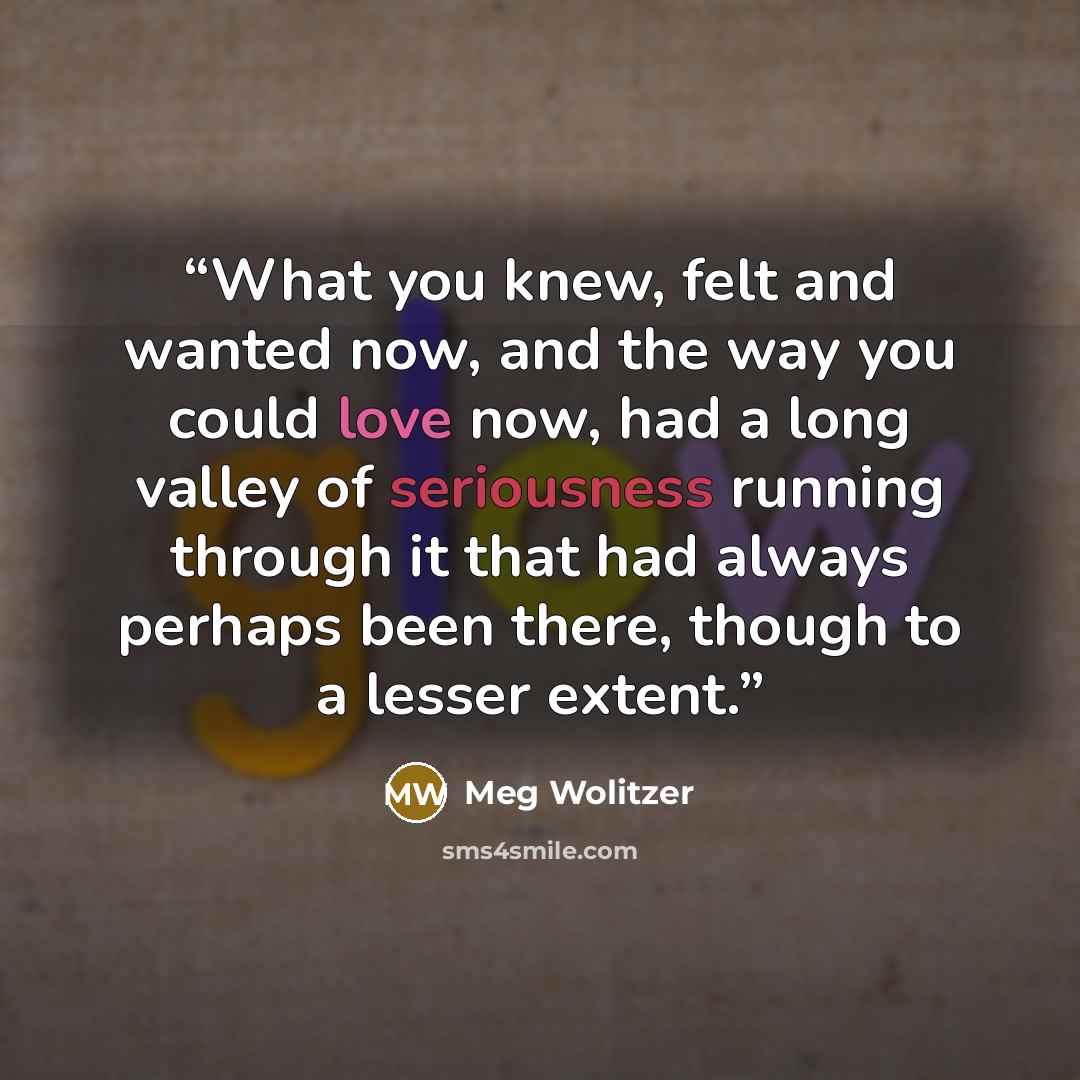 “What you knew, felt and wanted now, and the way you could love now, had a long valley of seriousness running through it that had always perhaps been there, though to a lesser extent.” quote by Meg Wolitzer