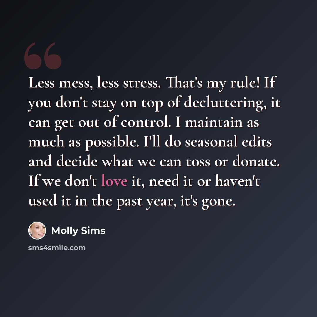 “Less mess, less stress. That's my rule! If you don't stay on top of decluttering, it can get out of control. I maintain as much as possible. I'll do seasonal edits and decide what we can toss or donate. If we don't love it, need it or haven't used it in the past year, it's gone.” quote by Molly Sims