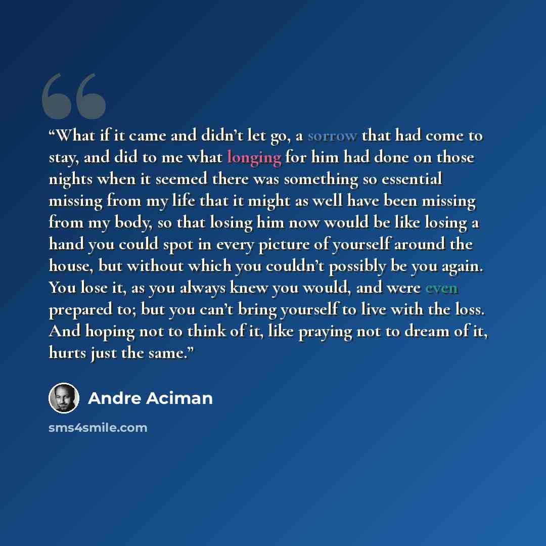 “What if it came and didn’t let go, a sorrow that had come to stay, and did to me what longing for him had done on those nights when it seemed there was something so essential missing from my life that it might as well have been missing from my body, so that losing him now would be like losing a…” quote by André Aciman