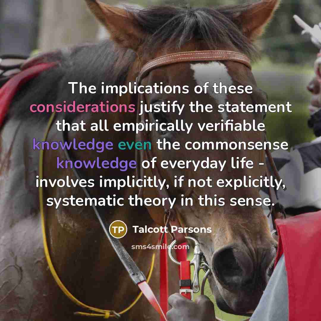 “The implications of these considerations justify the statement that all empirically verifiable knowledge even the commonsense knowledge of everyday life - involves implicitly, if not explicitly, systematic theory in this sense.” quote by Talcott Parsons