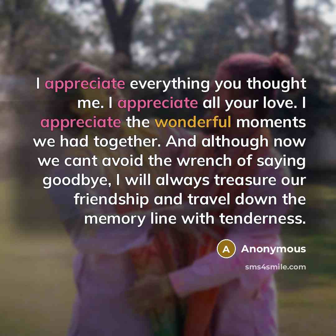 “I appreciate everything you thought me. I appreciate all your love. I appreciate the wonderful moments we had together. And although now we cant avoid the wrench of saying goodbye, I will always treasure our friendship and travel down the memory line with tenderness.” quote by Anonymous