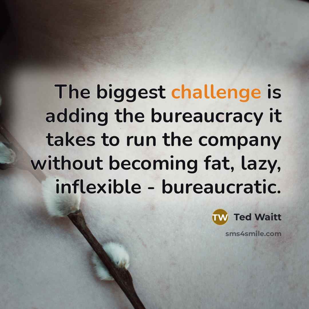 “The biggest challenge is adding the bureaucracy it takes to run the company without becoming fat, lazy, inflexible - bureaucratic.” quote by Ted Waitt