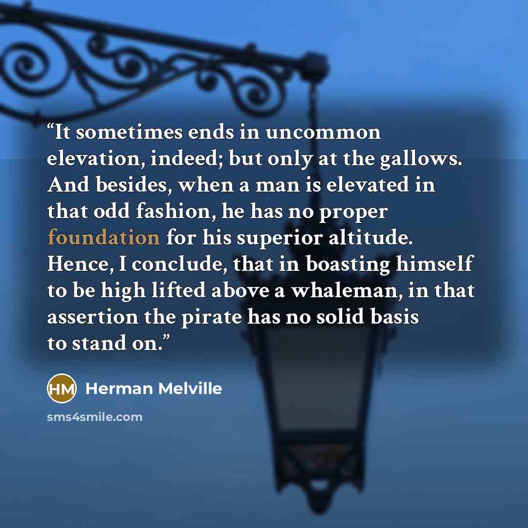 “It sometimes ends in uncommon elevation, indeed; but only at the gallows. And besides, when a man is elevated in that odd fashion, he has no proper foundation for his superior altitude. Hence, I conclude, that in boasting himself to be high lifted above a whaleman, in that assertion the pirate has…” quote by Herman Melville