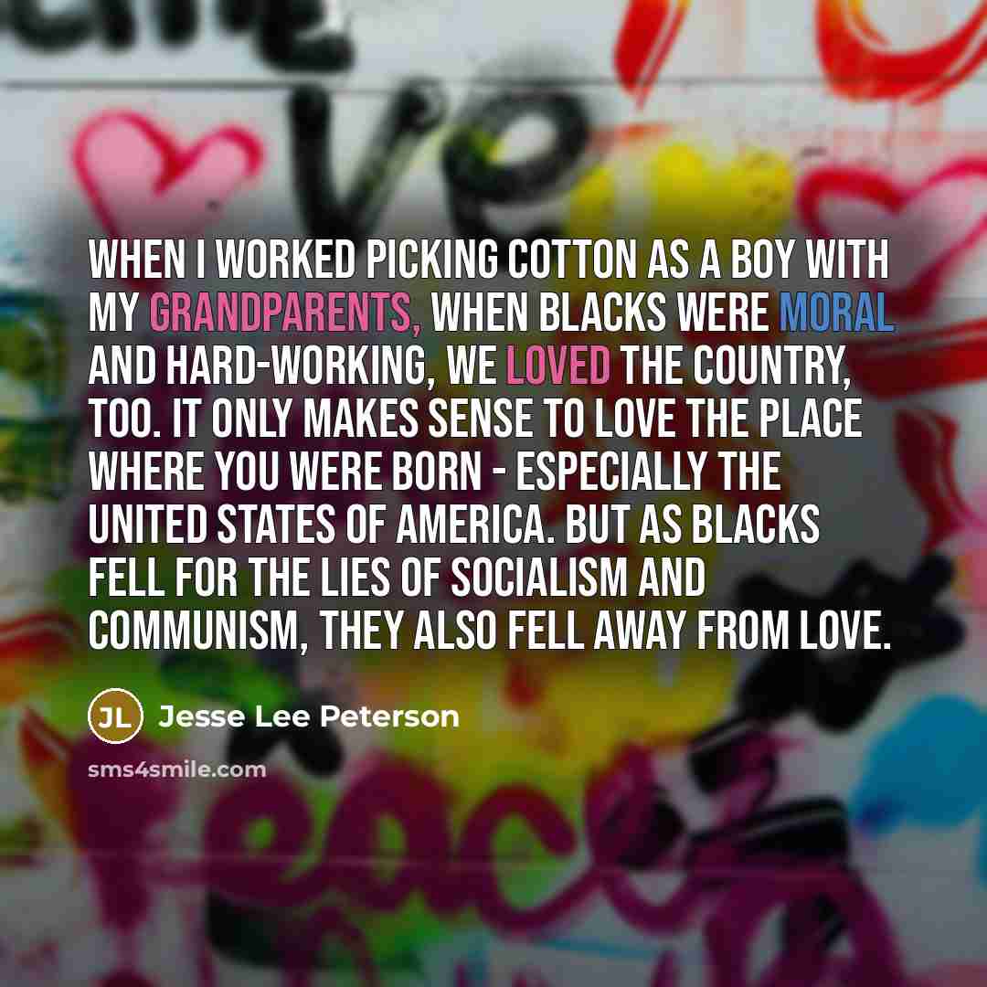 “When I worked picking cotton as a boy with my grandparents, when blacks were moral and hard-working, we loved the country, too. It only makes sense to love the place where you were born - especially the United States of America. But as blacks fell for the lies of socialism and communism, they also…” quote by Jesse Lee Peterson