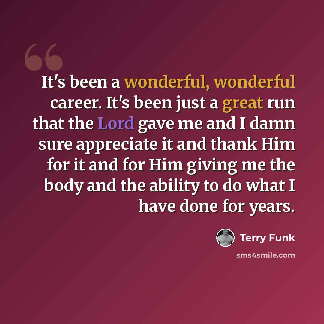 “It's been a wonderful, wonderful career. It's been just a great run that the Lord gave me and I damn sure appreciate it and thank Him for it and for Him giving me the body and the ability to do what I have done for years.” quote by Terry Funk
