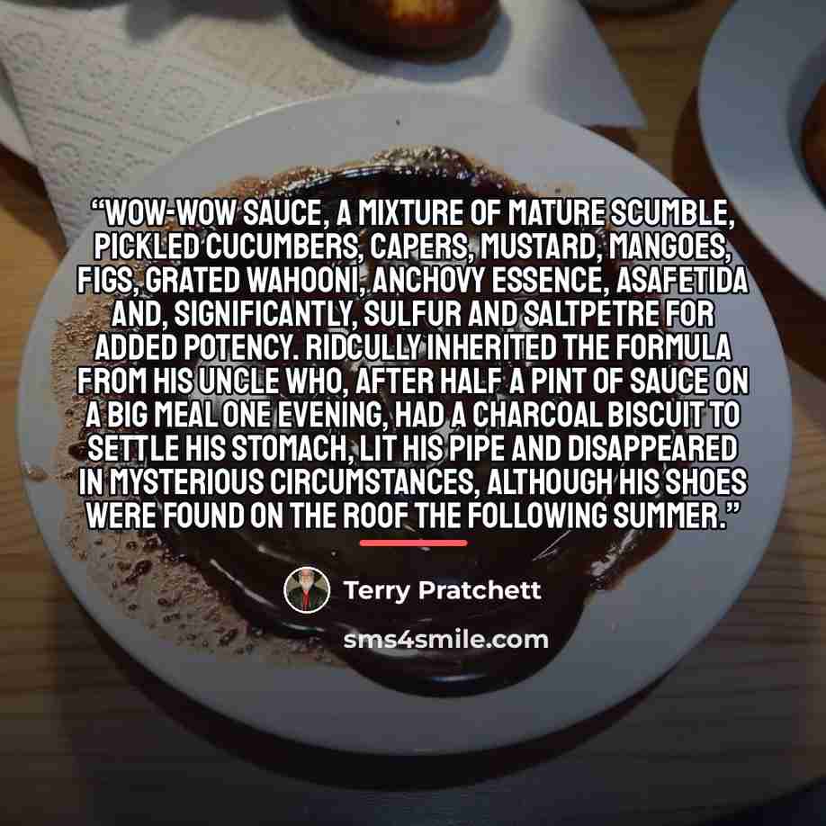 “Wow-Wow Sauce, a mixture of mature scumble, pickled cucumbers, capers, mustard, mangoes, figs, grated wahooni, anchovy essence, asafetida and, significantly, sulfur and saltpetre for added potency. Ridcully inherited the formula from his uncle who, after half a pint of sauce on a big meal one…” quote by Terry Pratchett