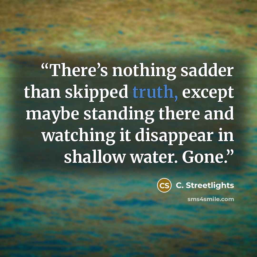“There’s nothing sadder than skipped truth, except maybe standing there and watching it disappear in shallow water. Gone.” quote by C. Streetlights