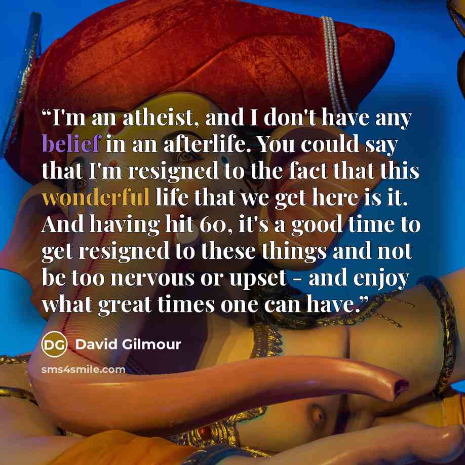“I'm an atheist, and I don't have any belief in an afterlife. You could say that I'm resigned to the fact that this wonderful life that we get here is it. And having hit 60, it's a good time to get resigned to these things and not be too nervous or upset - and enjoy what great times one can have.” quote by David Gilmour