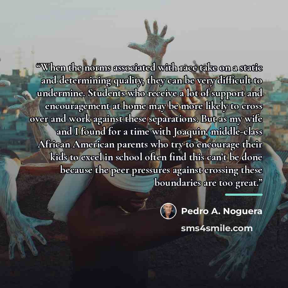 “When the norms associated with race take on a static and determining quality, they can be very difficult to undermine. Students who receive a lot of support and encouragement at home may be more likely to cross over and work against these separations. But as my wife and I found for a time with…” quote by Pedro A. Noguera