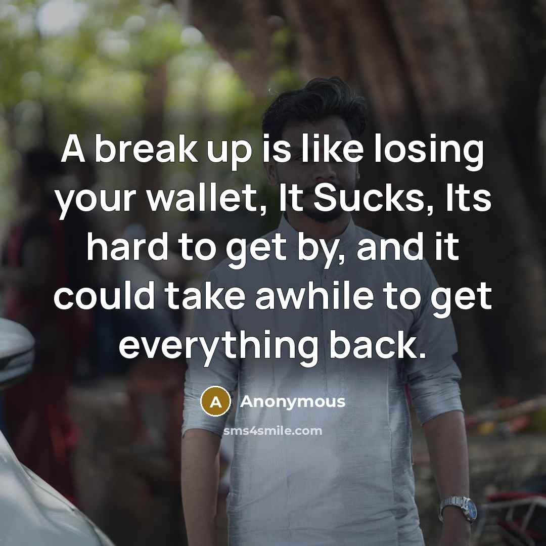 “A break up is like losing your wallet, It Sucks, Its hard to get by, and it could take awhile to get everything back.” quote by Anonymous