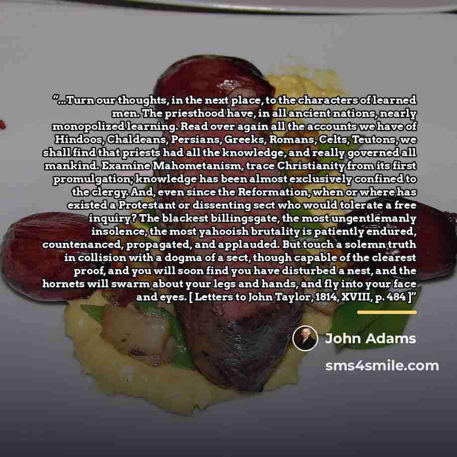 “...Turn our thoughts, in the next place, to the characters of learned men. The priesthood have, in all ancient nations, nearly monopolized learning. Read over again all the accounts we have of Hindoos, Chaldeans, Persians, Greeks, Romans, Celts, Teutons, we shall find that priests had all the…” quote by John Adams