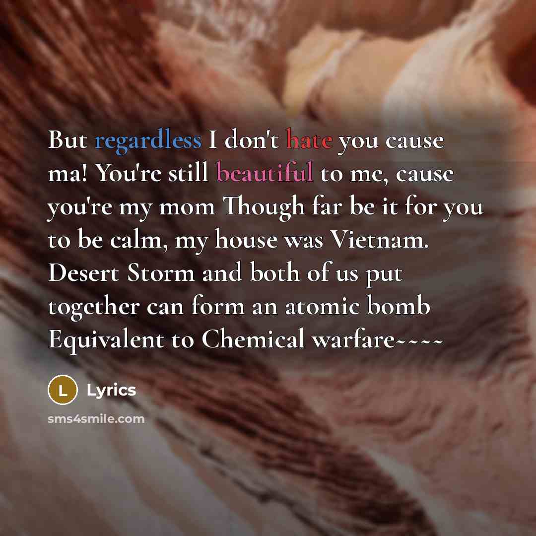 “But regardless I don't hate you cause ma! You're still beautiful to me, cause you're my mom Though far be it for you to be calm, my house was Vietnam. Desert Storm and both of us put together can form an atomic bomb Equivalent to Chemical warfare~~~~” quote by Lyrics