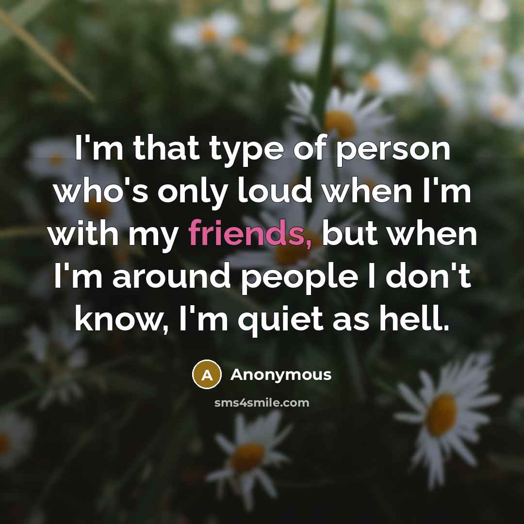 “I'm that type of person who's only loud when I'm with my friends, but when I'm around people I don't know, I'm quiet as hell.” quote by Anonymous