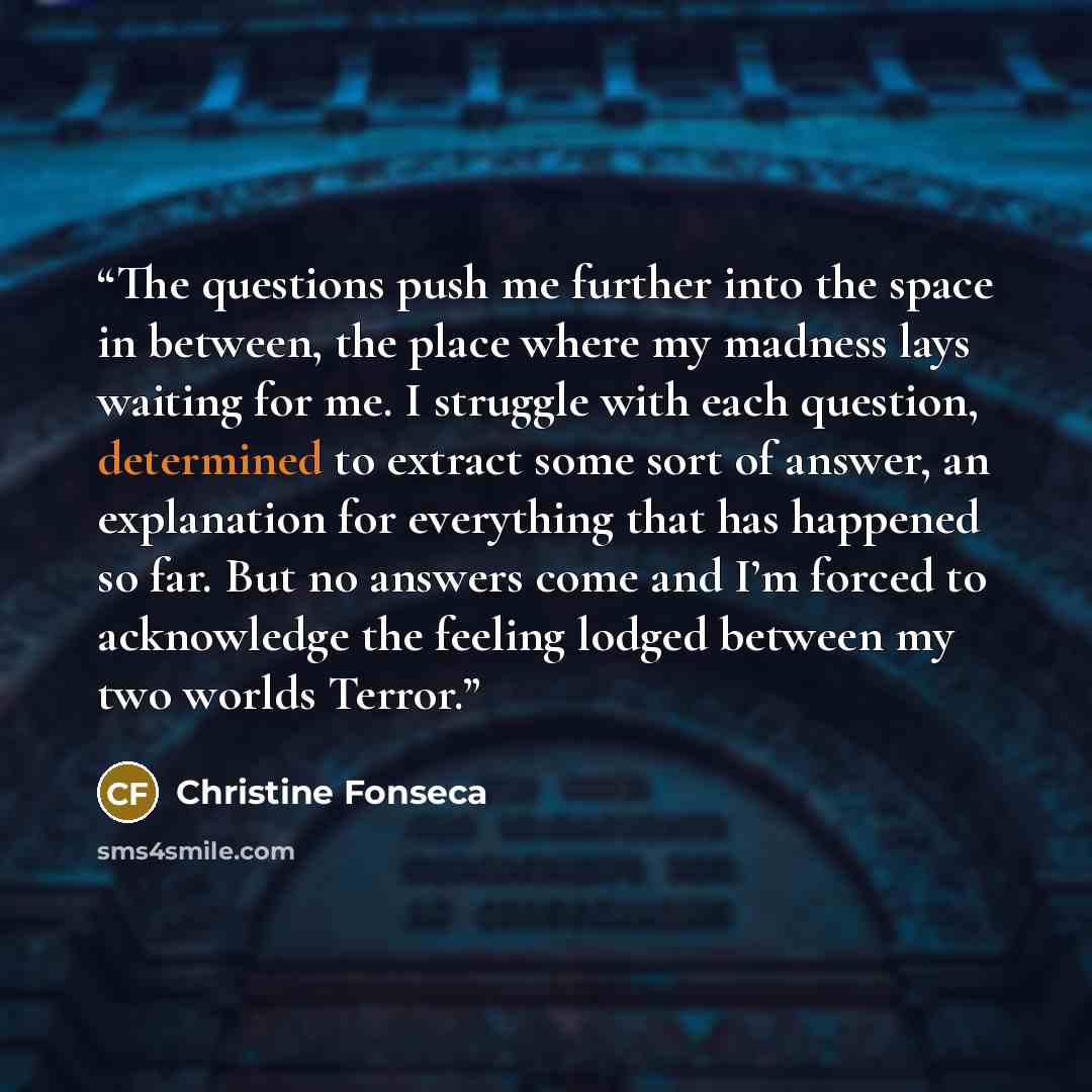 “The questions push me further into the space in between, the place where my madness lays waiting for me. I struggle with each question, determined to extract some sort of answer, an explanation for everything that has happened so far. But no answers come and I’m forced to acknowledge the feeling…” quote by Christine Fonseca