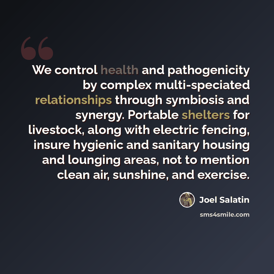 “We control health and pathogenicity by complex multi-speciated relationships through symbiosis and synergy. Portable shelters for livestock, along with electric fencing, insure hygienic and sanitary housing and lounging areas, not to mention clean air, sunshine, and exercise.” quote by Joel Salatin
