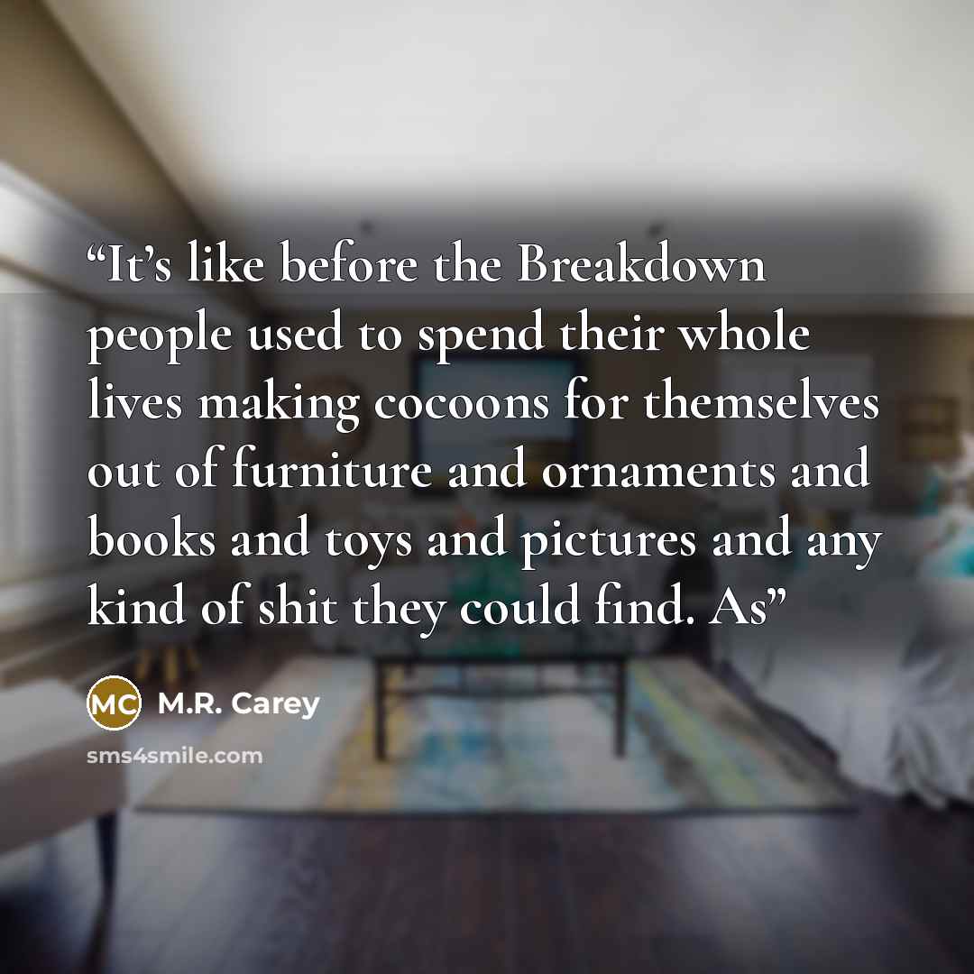 “It’s like before the Breakdown people used to spend their whole lives making cocoons for themselves out of furniture and ornaments and books and toys and pictures and any kind of shit they could find. As” quote by M.R. Carey