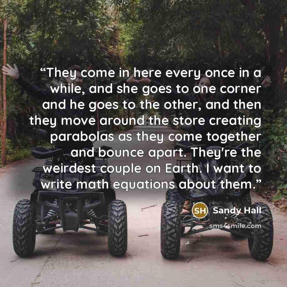 “They come in here every once in a while, and she goes to one corner and he goes to the other, and then they move around the store creating parabolas as they come together and bounce apart. They're the weirdest couple on Earth. I want to write math equations about them.” quote by Sandy Hall